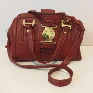 Maroon Gold Pebbled Faux Leather Zip Detachable Strap Double Handle ShoulderBag